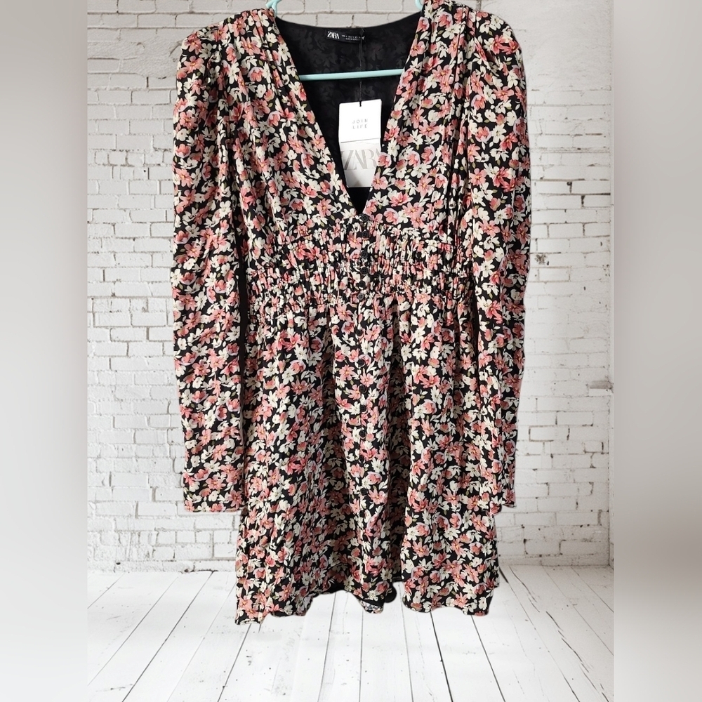ZARA NWT Floral Print Longsleeve Mini Dress with Buttons Sz S